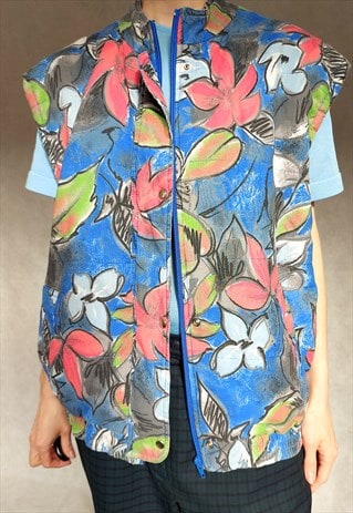 VINTAGE BLUE FLORAL SLEEVLESS JACKET, LARGE SIZE