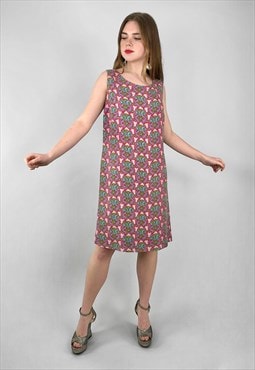 1960's Vintage Abstract Pink Linen Sleeveless Shift Dress