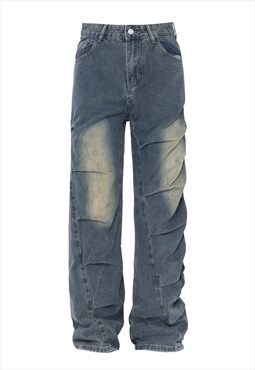 Wrinkled jeans bleached denim trouser grunge rave pants blue