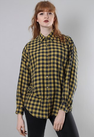 VINTAGE 80S YELLOW CHECK OVERSIZE FLANNEL SHIRT