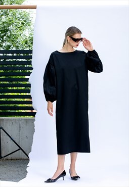Black Elegant Minimalist Dress with Volume Puffy Sleeves