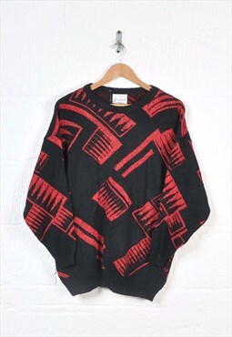 Vintage Knitted Jumper Retro Pattern Black/Red Ladies Medium