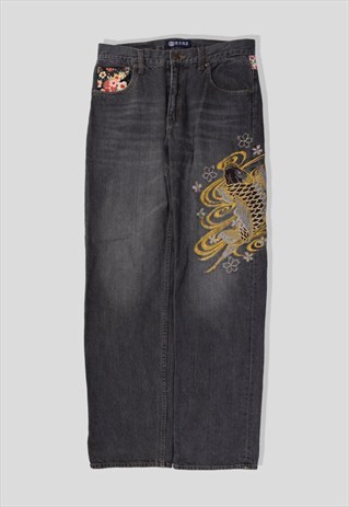 Vintage Japanese Embroidered Koi Fish Denim Jeans in Black