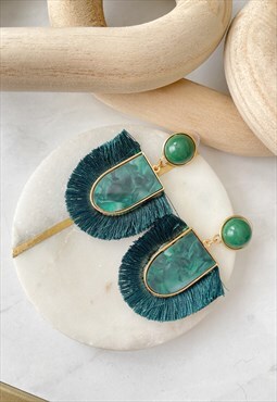 Gold Emerald Fringe Stud Green Tassel  Drop Earrings