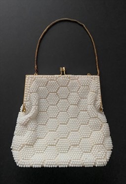 60's Vintage White Beaded Ladies Evening Hand Held Bag