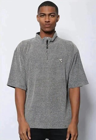 VINTAGE DIADORA 1/4 ZIP LOGO POLO SHIRT GREY