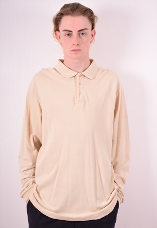 CHAMPION MENS VINTAGE POLO SHIRT LONG SLEEVE LARGE BEIGE 90S
