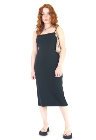 VINTAGE 90S Y2K BLACK VISCOSE STRETCH STRAPPY MIDI DRESS