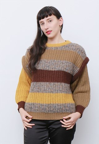 80'S VINTAGE DESIGNER MUSTARD BROWN WOOL KNIT JUMPER