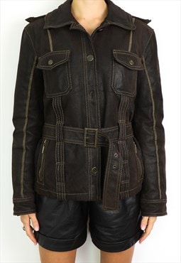 Vintage 90's Leather Jacket Belted in Brown Jacket