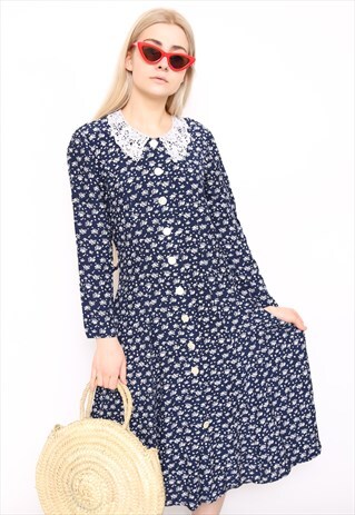 VINTAGE 90S NAVY FLORAL PRINT LACE MIDI DRESS