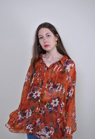 VINTAGE 70S BOHO ORANGE BLOUSE WITH FLOWERS PRINT, SIZE L