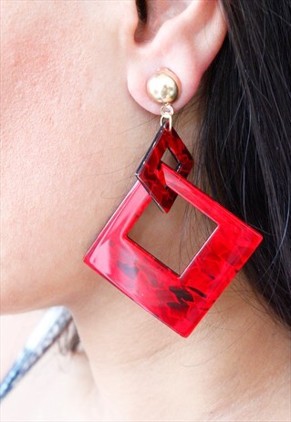RED GEOMETRIC ACRYLIC DROP DANGLE EARRINGS