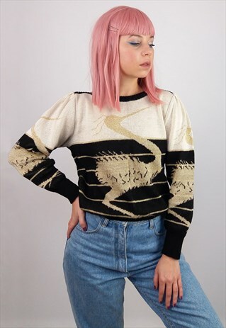 VINTAGE 80'S GOLD KNIT JUMPER BIRD PATTERN
