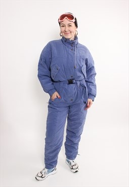 90s one piece ski suit, vintage blue snowsuit, retro winter 