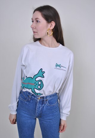 VINTAGE WHITE SWEATSHIRT, LIZARD PRINT FUNNY PULLOVER