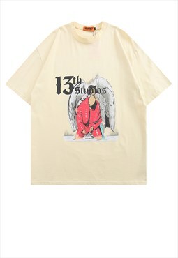 Angel print t-shirt Y2K tee Gothic devil retro top in cream