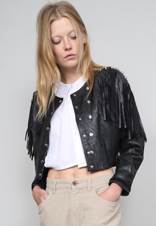 VINTAGE 80'S BLACK LEATHER CROPPED TASSEL BOMBER JACKET