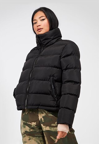 54 FLORAL ZIP COLLARED PUFFER BUBBLE PADDED JACKET - BLACK