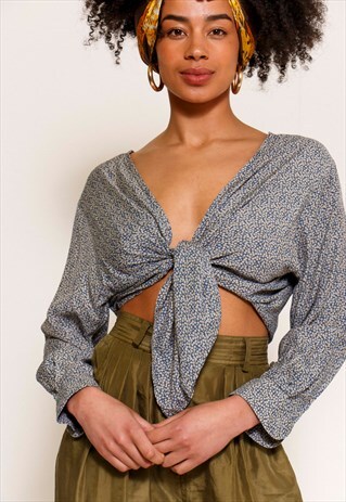 VINTAGE 90'S BLUE DAISY PRINT REWORKED TIE FRONT BLOUSE