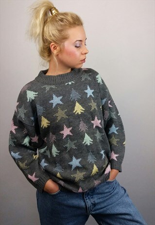VINTAGE 90'S WOOL BLEND STAR PATTERNED KNIT JUMPER