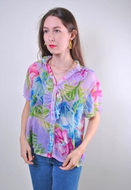 Vintage multicolor flowers ruffle women blouse