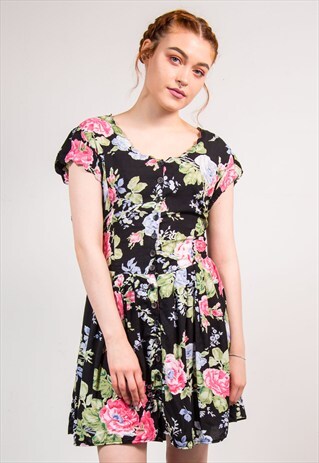 VINTAGE 90'S BLACK FLORAL PATTERN SCALLOP MINI DRESS