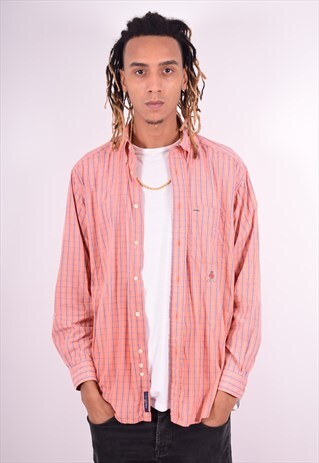 TOMMY HILFIGER MENS VINTAGE SHIRT MEDIUM ORANGE CHECK 90'S