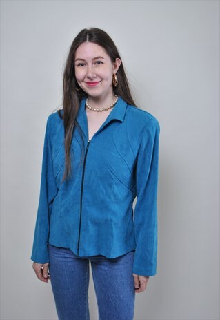MINIMALIST BLAZER, VINTAGE ZIPPED UP BLUE JACKET, WOMEN 90S