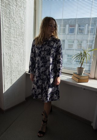 VINTAGE 60'S NAVY/WHITE PATTERNED FLORAL MIDI DRESS