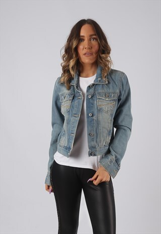 DENIM JACKET FITTED VINTAGE SHORT CROPPED UK 10 - 12 (DK4L)