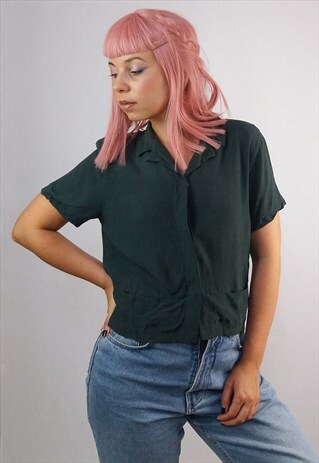 VINTAGE 90'S BUTTON-UP VISCOSE BLOUSE / TOP IN OLIVE GREEN
