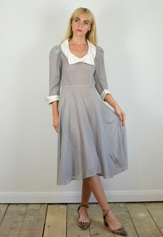VINTAGE 70S GREY & WHITE POLKA DOT MIDI DRESS HALLOWEEN DOLL