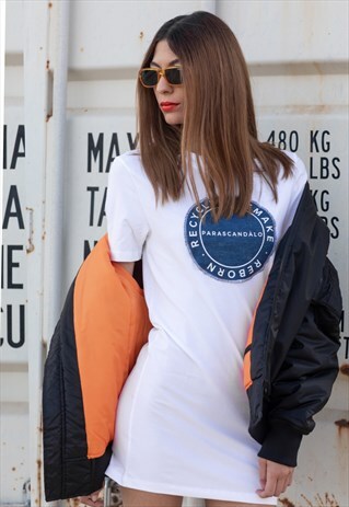 WHITE T-SHIRT DRESS REWORKED DENIM