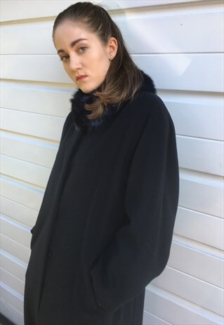 WOMENS VINTAGE DARK BLUE NAVY LONG MAXI COAT FAUX FUR COLLAR