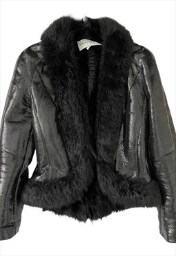 Vintage y2k Mugler faux fur trim leather jacket black 