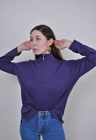 80S PURPLE QUARTER ZIP SWEATSHIRT, VINTAGE HIGH NECK JUMPER