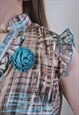 VINTAGE SLEEVELESS PLAID BROWN BLOUSE WITH FLOWER 