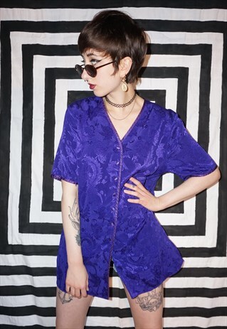 VINTAGE 80'S PURPLE FLORAL SATIN BLOUSE