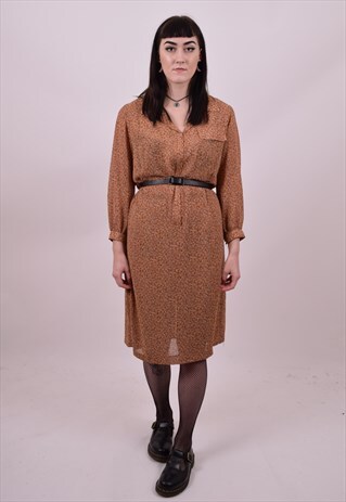 VINTAGE 70'S BROWN FLOWER PRINT PREPPY DRESS SIZE 10 12 14