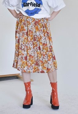 Vintage 90s Festival Bold Floral Pleated Midi Skirt M
