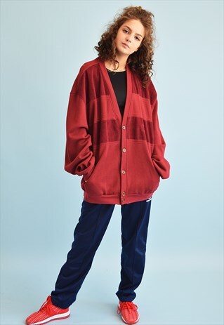 90'S RETRO OVERSIZED GRUNGE DADS MAROON KNIT CARDIGAN