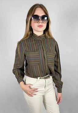 80's Ladies Vintage Green Stripe Long Sleeve Blouse Small