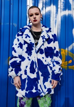Cow fleece coat handmade 2 in 1 animal print jacket in blue