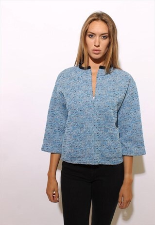VINTAGE 1970'S 70'S BLUE KNIT PONCHO SHIRT BOXY POCKETS S-M