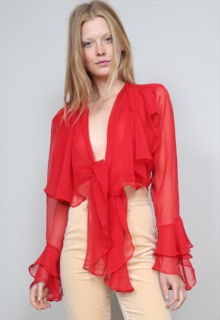VINTAGE 90'S SHEER RED CROPPED RUFFLE BLOUSE