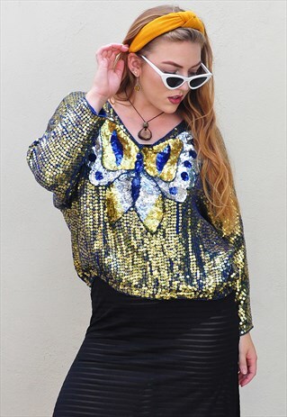 VINTAGE SPARKLY SEQUIN BLUE & GOLD SILK BUTTERFLY TOP