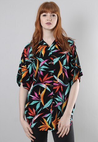 VINTAGE 80S LEAF PATTERNED SHORT SLEEVE SHIRT