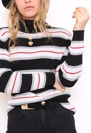 VINTAGE 90S STRIPED RIBBED POLO HIGH NECK TOP