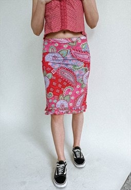 Vintage Y2k Paisley Pattern Frill Edge Midi Skirt XS/S